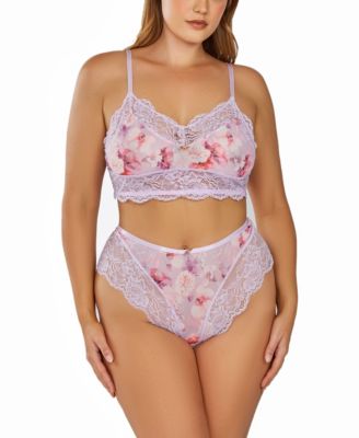 iCollection Woman's Plus Sized Brushed 2 PC Lingerie Set Trimmed Elegant Soft Lace