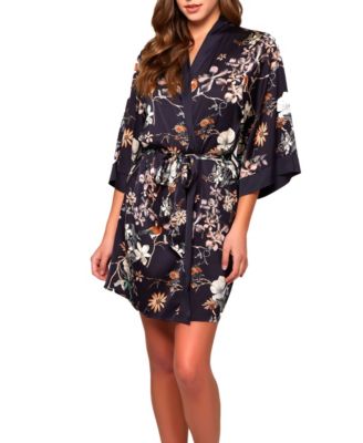 Marlena Stretch Satin Floral Print Robe with Contrast Placket and Sleeve Hems. Designed looked Self Tie Sash Inner Ties.