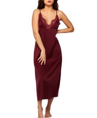 Gwendolyn Soft Cup Stretch Satin Midi Slip W/ Deep Breezy Laced V Underbust Trimmed Lace and around the neckline to back. Relaxed Fit with Adjustable Straps