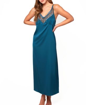 Marguerite Soft Cup Stretch Satin Long Gown with Deep V Elegantly Embroidered Mesh Neckline. Relaxed Fit Adjustable Straps