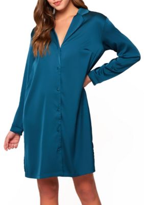 Marguerite Stretch Satin Relaxed Sleep Shirt W/  Embroidered Lace on Mesh Patterned with Back. has Double Bottom Side Slits