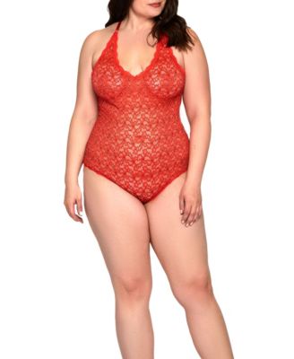 Tammy Plus Allover Sheer Non Support Soft Lace Teddy W/ Trim and Center Adjustable Strap