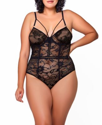 Audrey Plus Soft Cup All over Sheer Floral Stretch Lace and Mesh Teddy with Silver Ringed Hardware Adjustable Straps
