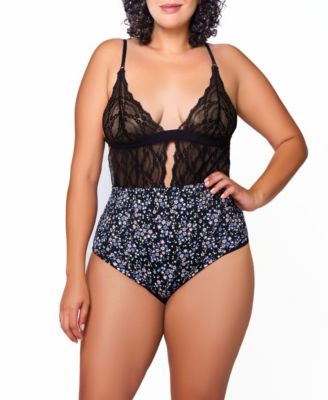 Willow Plus Soft Cup Plunge Teddy is Patterned with Lace and Floral print Banded Elastic Underbust. The back open Adjustable Straps.