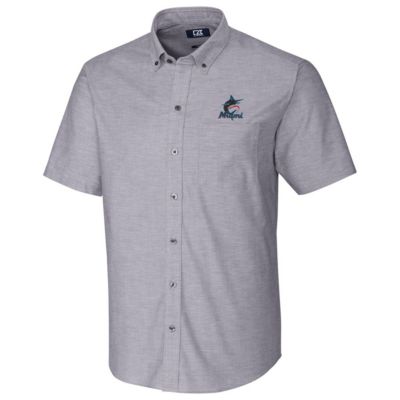 MLB Miami Marlins Short Sleeve Stretch Oxford Button-Down Shirt - Charcoal