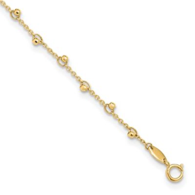 14K Yellow Gold Polished and Diamond-cut Beads 9-inch Plus 1-inch Extension Anklet