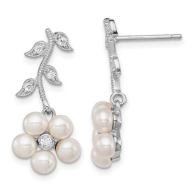 Sterling Silver Rhodium Freshwater Cultured Pearl Cubic Zirconia Post Earrings
