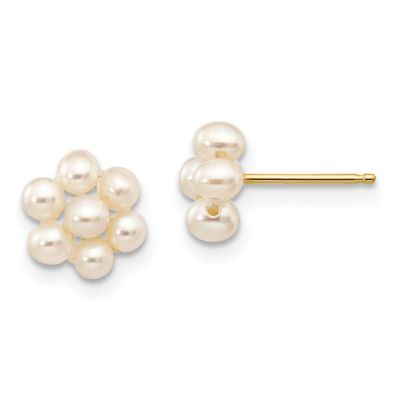 14K Yellow Gold 2-3mm White Egg Freshwater Cultured Pearl Flower Earrings