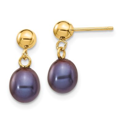 14K Yellow Gold 6-7mm Rice Freshwater Cultured Pearl Dangle Post Earrings