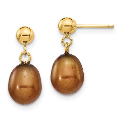 14K Yellow Gold 7-8mm Rice Freshwater Cultured Pearl Dangle Post Earrings