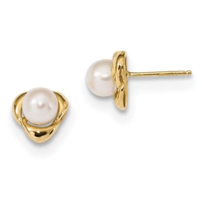 14K Yellow Gold 5-6mm White Button Freshwater Cultured Pearl Post Earrings