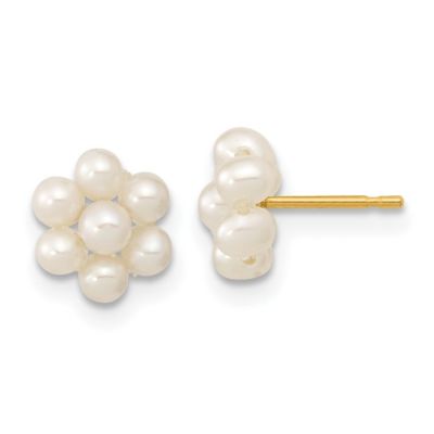 14K Yellow Gold 2-3mm White Button Freshwater Cultured Pearl Flower Earrings