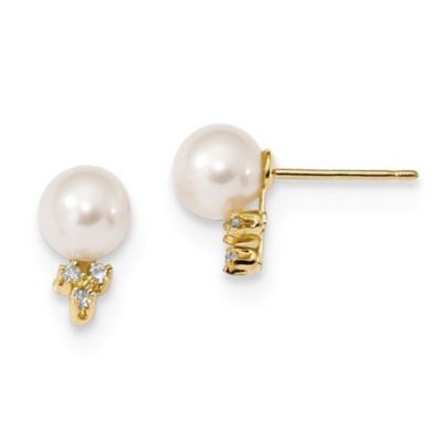0.06 ct. t.w. Diamond and 6-7mm White Round Freshwater Cultured Pearl Post Earrings in 14K Yellow Gold