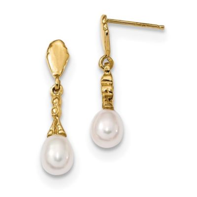 14K Yellow Gold 5-6mm White Teardrop Freshwater Cultured Pearl Dangle Post Earrings