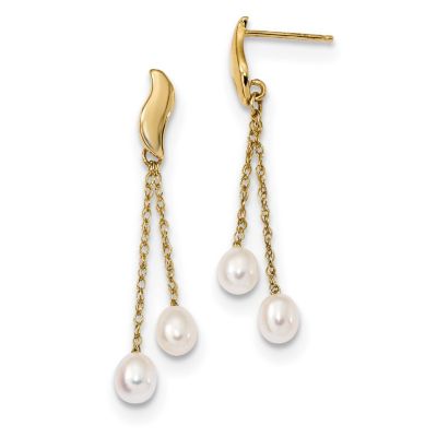 14K Yellow Gold 4-5mm White Rice Freshwater Cultured Pearl Dangle Post Earrings