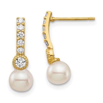 14K Yellow Gold 6mm White Semi-round Freshwater Cultured Pearl Cubic Zirconia Post Drop Earrings