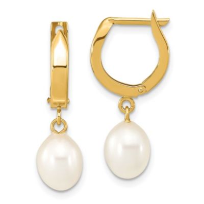 14K Yellow Gold 6-7mm Rice White Freshwater Cultured Pearl Hoop Dangle Earrings