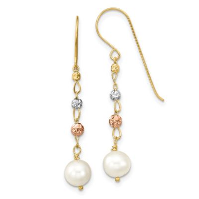 14K Tri-color Diamond-cut Freshwater Cultured Pearls Dangle Earrings