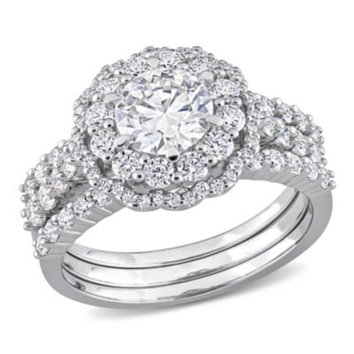 Lab Created 2 CT DEW Moissanite Halo Bridal Ring Set Sterling Silver