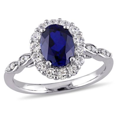 2.63 ct. t.g.w. Created Blue Sapphire, White Topaz and 1/10 t.w. Diamond Halo Ring 14K Gold