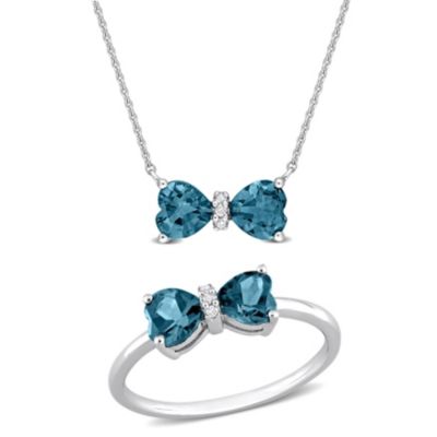 2-Piece Set of 1.9 ct. t.g.w. London Blue Topaz and 1/10 t.w. Diamond Pendant with Chain Ring 10K White Gold