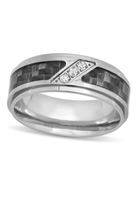 0.10 c.t. Diamond Carbon Fiber Inlay 6mm Step Edge Band in Stainless Steel