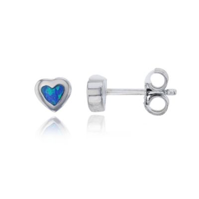 Lab Created Sterling Silver Rhodium 5.6mm Created Opal Heart Stud