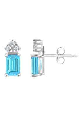 14K Gold 6x4 Emerald Cut Blue Topaz 1/8 Cttw Diamond Earrings