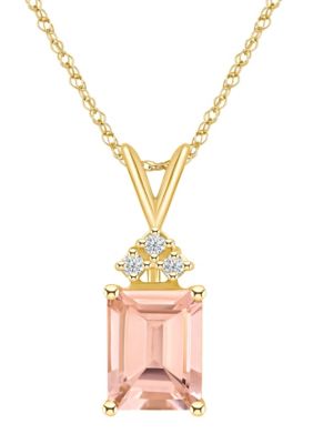 14K Gold 9x7 Emerald Cut Morganite Diamond Accent Pendant