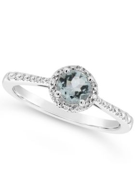 Sterling Silver 5mm Round Aquamarine Diamond Accent Halo Ring