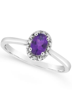 Sterling Silver 6x4mm Oval Amethyst Diamond Accent Halo Ring