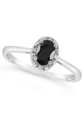 Sterling Silver 6x4mm Oval Black Agate Diamond Accent Halo Ring