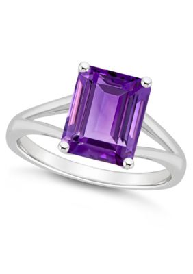 Sterling Silver 10x8mm Emerald Cut Amethyst Ring