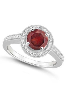 Sterling Silver 7mm Round Garnet 1/5 CTTW Diamond Halo Ring