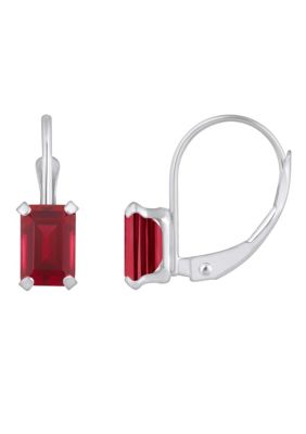 Lab Created 10K White Gold 6x4mm Emerald Cut Ruby Leverback Earrings