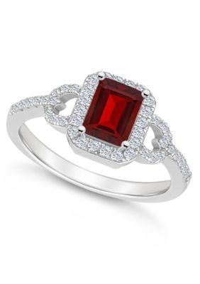 Sterling Silver 7x5mm Emerald Cut Garnet and White Topaz Accent Ring