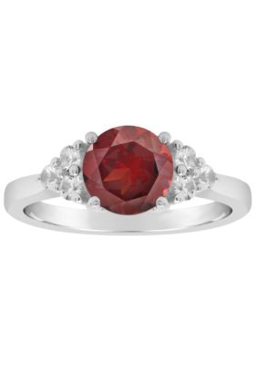 Sterling Silver 7mm Round Garnet And Created White Sapphire Ring