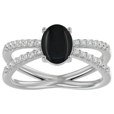 1 1/2 Carat Oval Shape Black Onyx and Halo Diamond Ring Sterling Silver