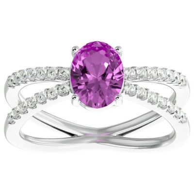 Lab Created 1 1/2 Carat Oval Shape Pink Sapphire and Halo Diamond Ring Sterling Silver