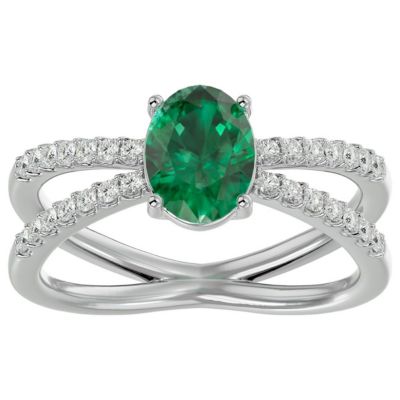 Lab Created 1 1/2 Carat Oval Shape Emerald and Halo Diamond Ring Sterling Silver