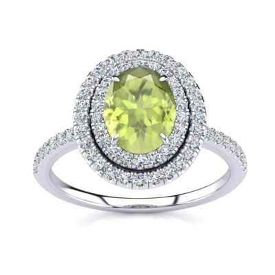 1 1/2cttw Oval Shape Peridot and Double Halo Diamond Ring Sterling Silver