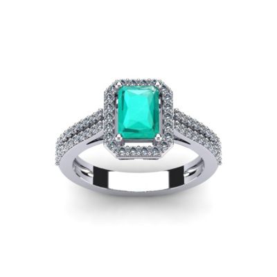 Lab Created 1 1/2cttw Octagon Shape Emerald and Halo Diamond Ring Sterling Silver