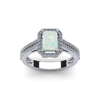 Lab Created 1 1/2cttw Octagon Shape Opal and Halo Diamond Ring Sterling Silver