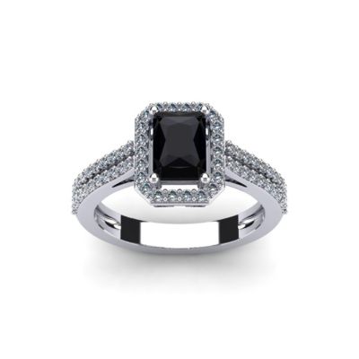 1 1/2cttw Octagon Shape Black Onyx and Halo Diamond Ring Sterling Silver