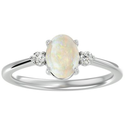 Lab Created 1 1/3cttw Oval Shape Opal and Two Diamond Ring Sterling Silver
