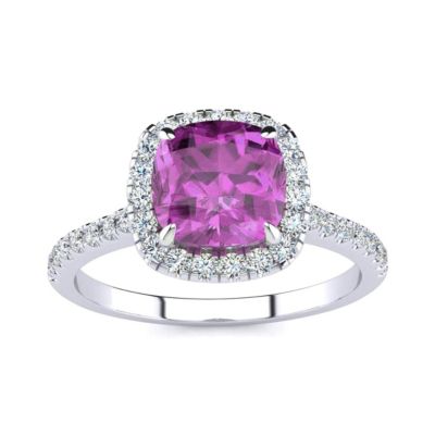 Lab Created 2 Carat Cushion Cut Pink Sapphire and Halo Diamond Ring Sterling Silver