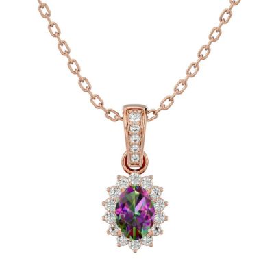 1 Carat Oval Shape Mystic Topaz Necklace With Diamond Halo 14 Karat Gold, 18 Inches