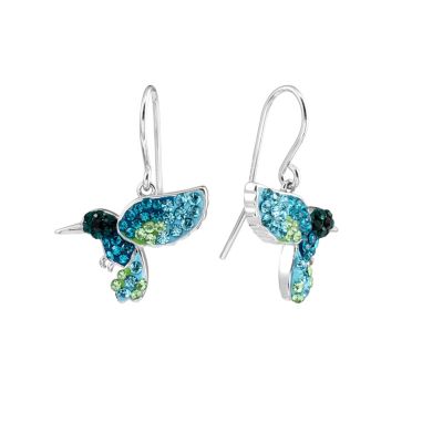 Sterling Silver Crystal Pave Hummingbird Drop Earrings