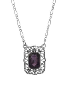 Silver Tone Purple Square Pendant Necklace 16" Adj.