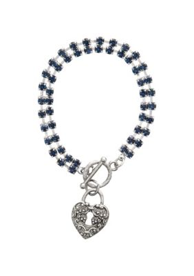 Pewter/Silver Tone Toggle Bracelet With Blue Crystals And Heart Charm